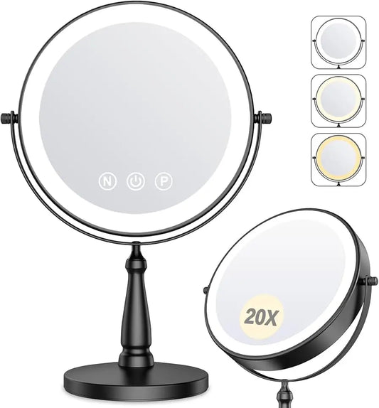 MIYADIVA Espejo de Maquillaje con Luz LED 3 Colores | Aumento 20X | Doble Cara